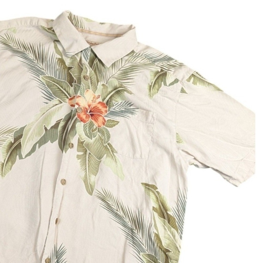Tommy Bahama Mens Large Silk Tropical Hibiscus Floral Button Down Shirt Cream